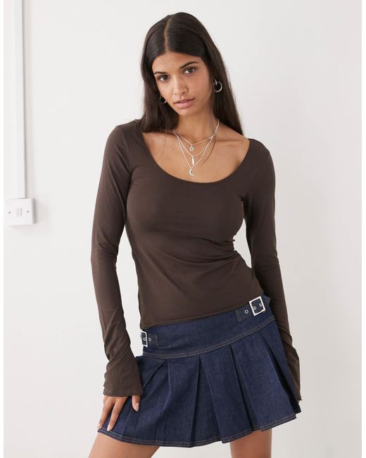 Monki Blue Long Sleeve Slim Fit Scoop Neck T-shirt