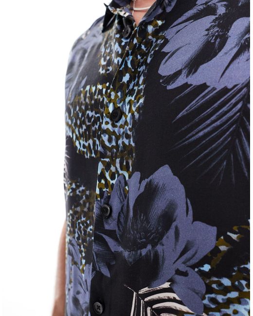 Camicia nera con stampa botanica di River Island in Blue da Uomo