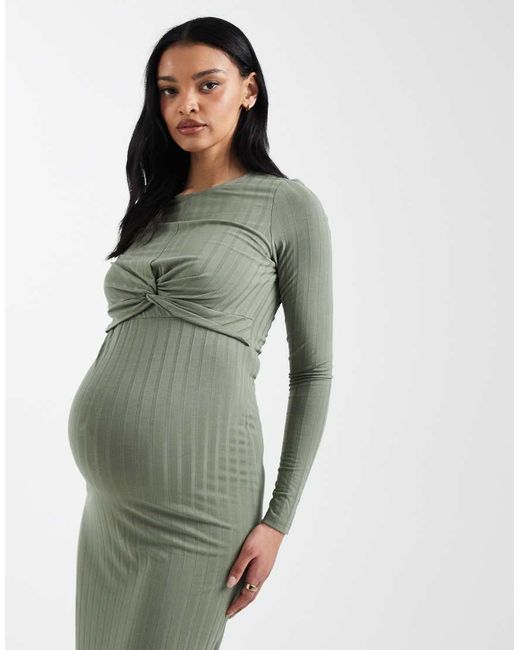 Mama.licious Green Mamalicious Maternity Long Sleeve 2 Function Nursing Ribbed Midi Dress