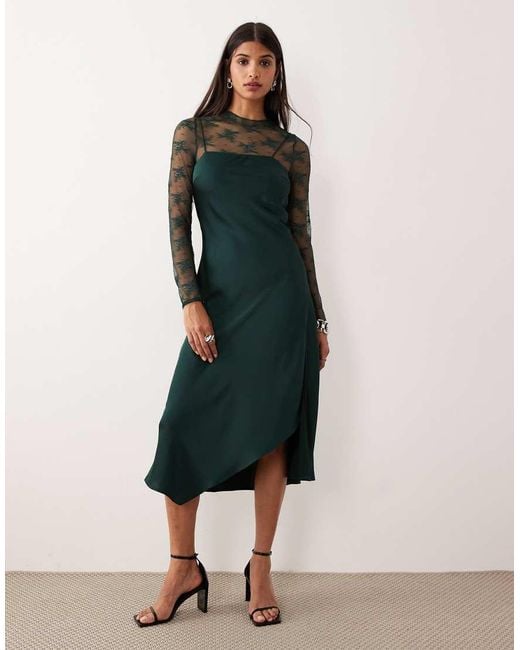 Y.A.S Green Hybrid High Neck Lace Top And Satin Slip Dress