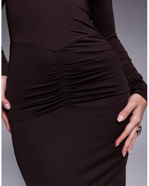 The Frolic Brown Exclusive Slinky Ruched Waist Detail Fishtail Maxi Dress