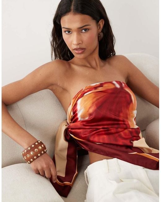 SNDY'S Red Satin Bandeau Scarf Hem Top