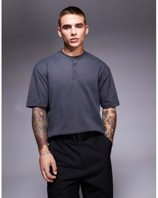 ASOS Blue Relaxed Boxy T-shirt With Henley Neck And Roll Sleeve for men