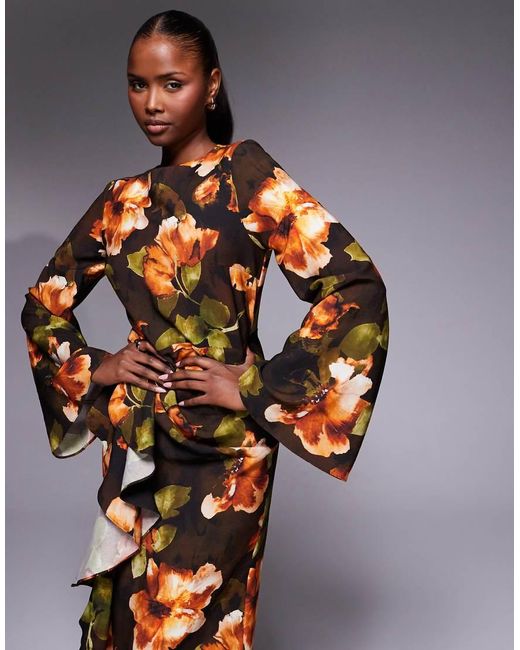 ASOS Multicolor Long Sleeve Maxi Dress With Ruffle Skirt