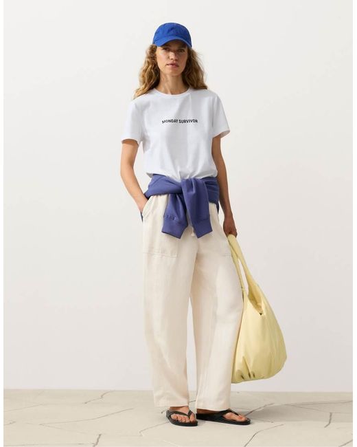 Oysho White Lyocell Blend And 24% Linen Straight Trousers