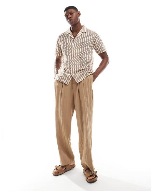New Look Brown Zig Zag Revere Crochet Shirt for men