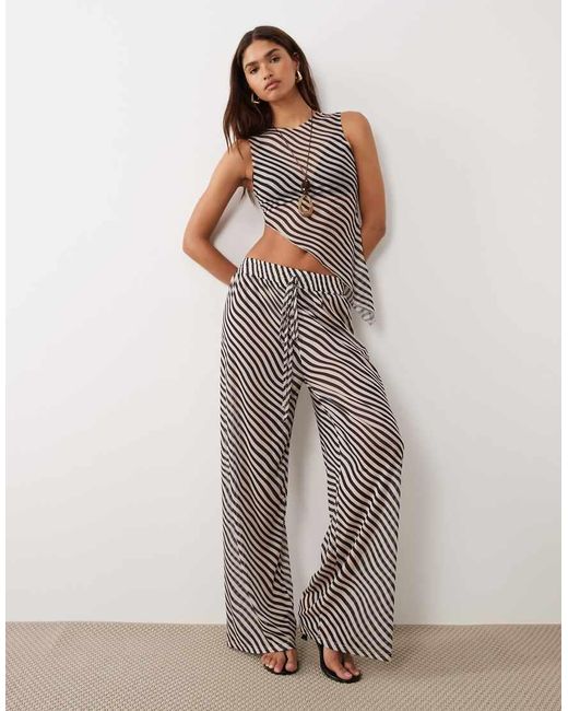 BRONZE SNAKE Gray Mia Sheer Striped Aysmetrical Top And Trouser Set