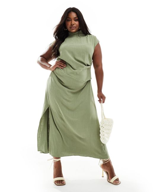 ASOS Green Asos Design Curve Linen Grown On Sleeve High Neck Midi Dress
