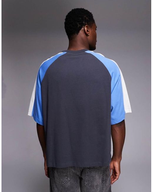ASOS Blue Boxy Oversized T-shirt With Cut And Sew Paneling And Sports Graphic for men