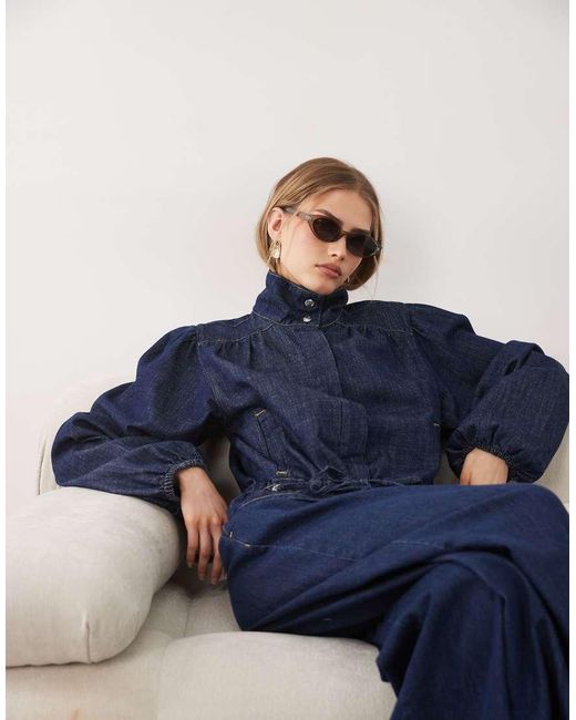ASOS Blue Funnel Neck Gathered Denim Jacket