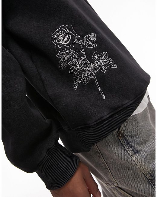 Topman Black Oversized Fit Sweatshirt With Front And Back Floral Placement Embroidery for men