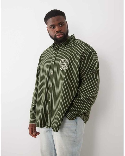 ASOS Green Oversized Twill Striped Shirt With Chest Embroidery for men