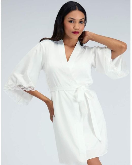Boux Avenue White Amelia Matte Satin Short Robe Lace Trim Comfy Nightwear