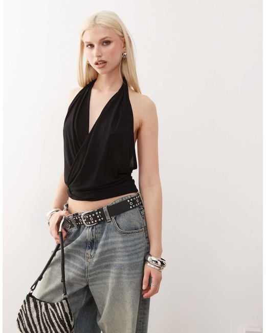 Weekday Black Drape Front Halter Neck Top With Open Back
