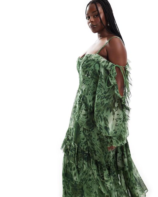 Asos design curve robe mi longue a fleurs et volants avec manches ouvertes et liens vert ASOS en coloris Vert Lyst