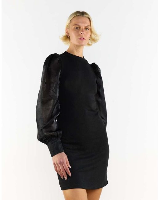 NARRATED Black High Neck Puff Sleeve Mini Dress