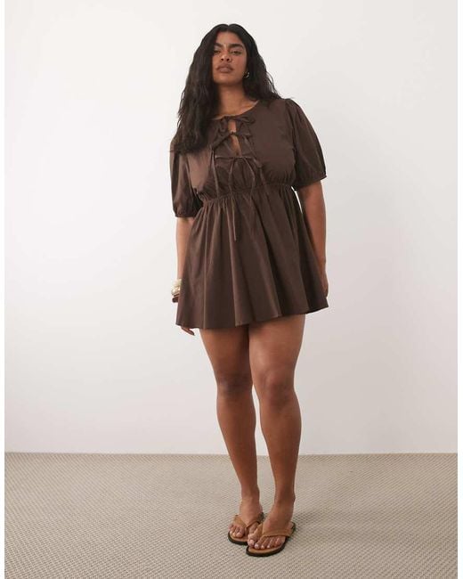 Esmee Curve Brown Tie Front Puff Sleeve Mini Beach Dress
