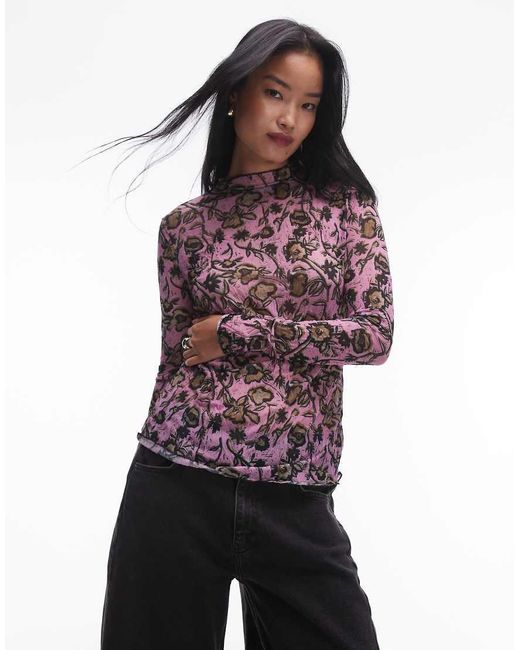 TOPSHOP Red Crinkle Floral Long Sleeve Top