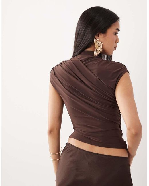 ASOS Brown Slinky Ruched Drape Detail Top