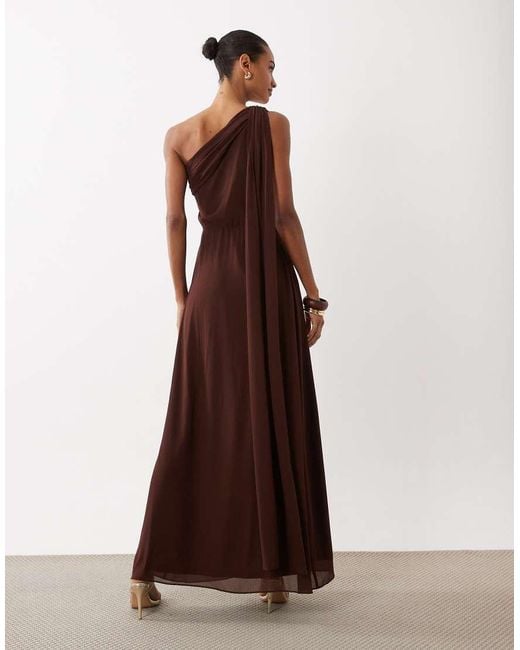TFNC London Brown Bridesmaid Chiffon One Shoulder Twist Waist Draped Maxi Dress