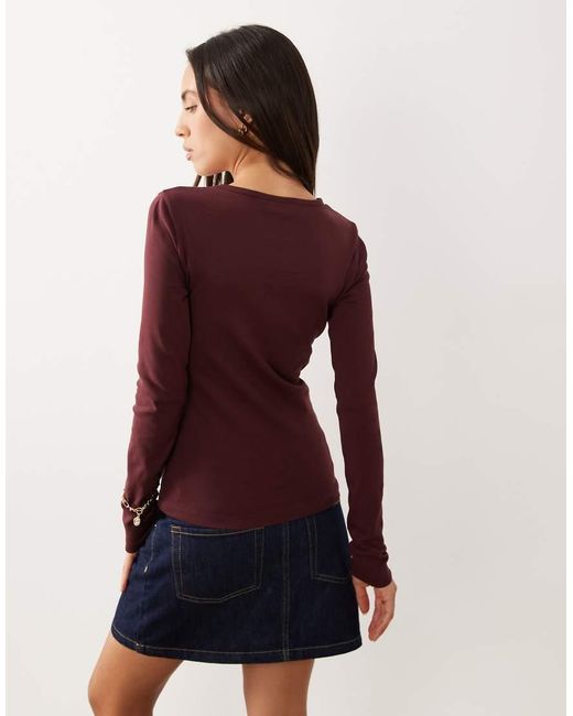 Gina Tricot Red Jersey Rib Round Neck Long Sleeve Top