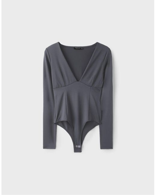 Stradivarius Gray V-neck Bodysuit With Under-bust Gathering