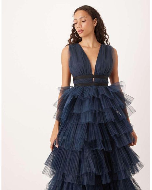 True Decadence Blue Plunging Neck Layered Tulle Maxi Dress