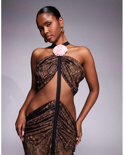 The Dolls House Purple Karlie Draped Lace Cut-out Maxi Dress With Corsage Detail