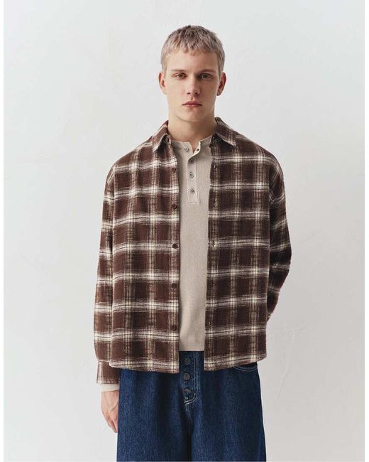 Pull&Bear Blue Long Sleeve Check T-shirt for men