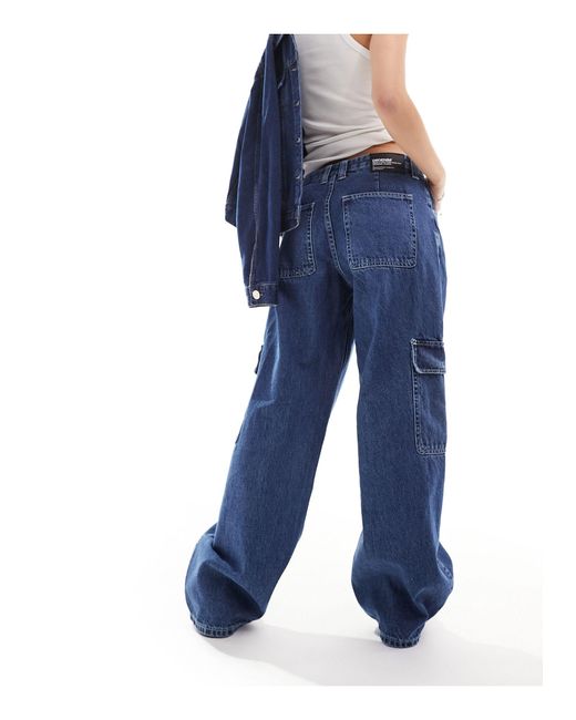 Dr. Denim Blue Hill Cargo Low Waist Relaxed Fit Wide Straight Leg Jeans With Pockets