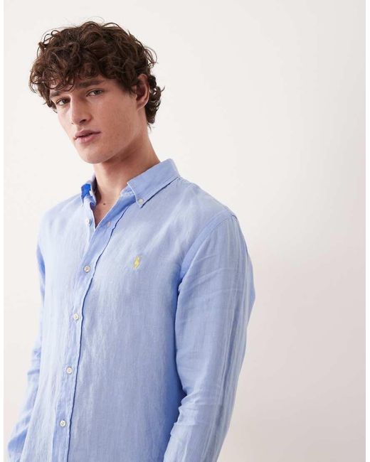 Polo Ralph Lauren Blue Icon Logo Long Sleeve Linen Shirt for men