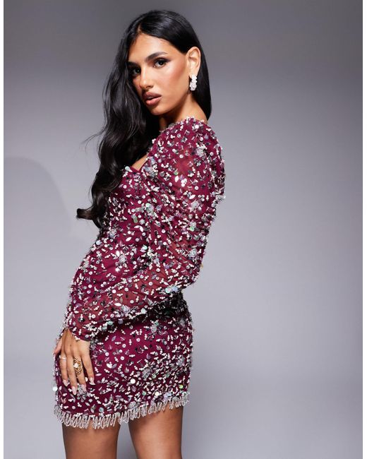 Robe courte ornementee a manches longues bouffantes bordeaux ASOS en coloris Rouge Lyst