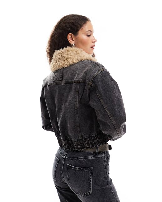 emory park Black Denim Oversized Bomber With Faux Shearling