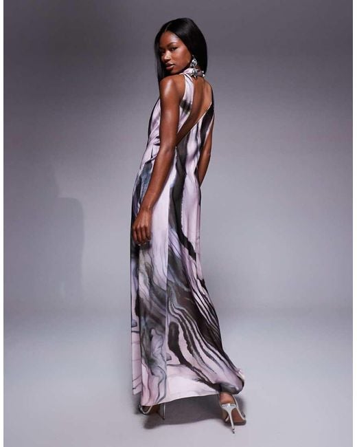 ASOS Gedrapeerde Maxi-Jurk Van Satijn Met Hoge Hals En Detail Bij De Taille in het Purple