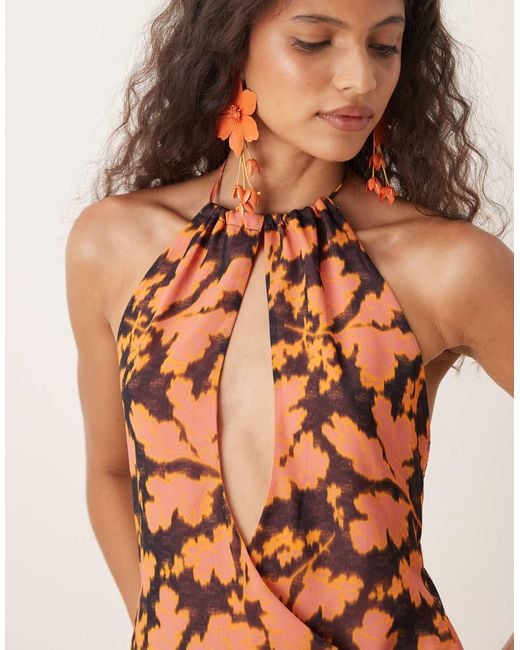 Motel Veslina Floral Print Halter Mini Dress in Natural | Lyst