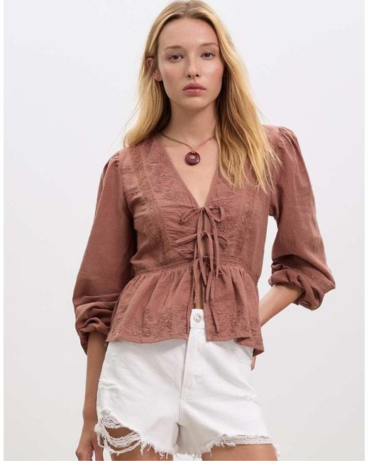 Stradivarius Brown Loose-Fitting Embroidered Knot Blouse