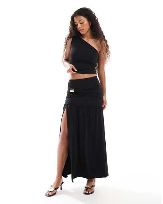 4th & Reckless Black Double Layered Slinky Gold Hardware Detail Thigh Split Maxi Skirt Co-ord