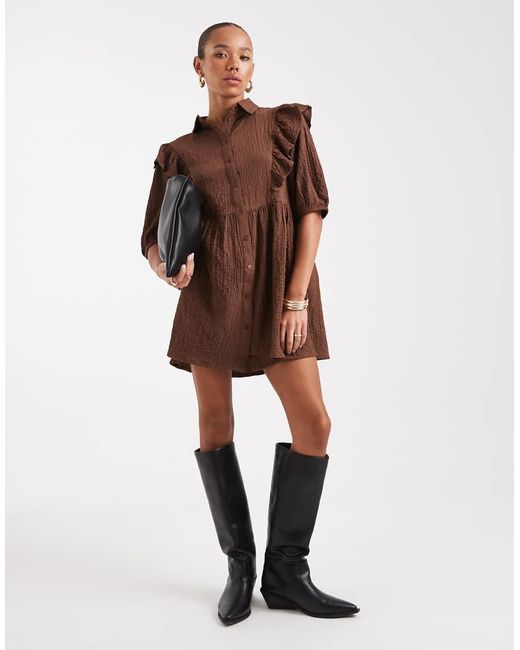 Wednesday's Girl Brown Ruffle Detail Mini Smock Dress