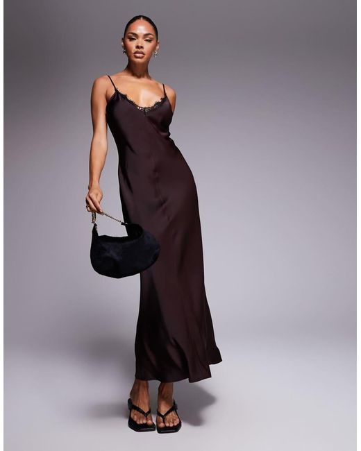 ASOS Brown V Neck Lace Trim Satin Slip Maxi Dress