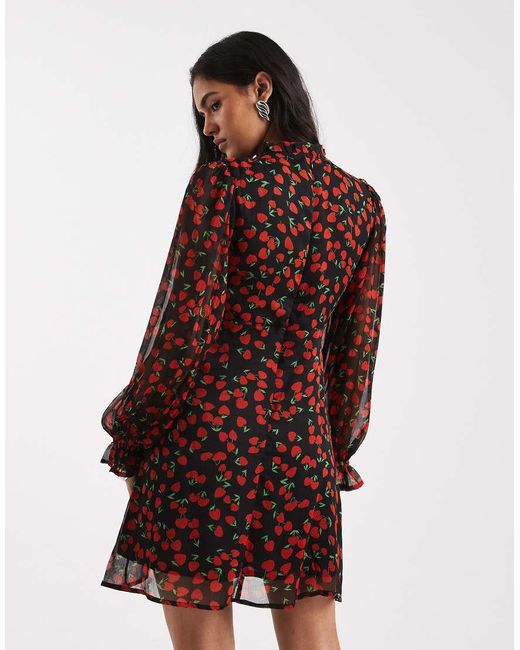 Wednesday's Girl Red Wednesdays Girl Printed Chiffon Cherry Print Dress