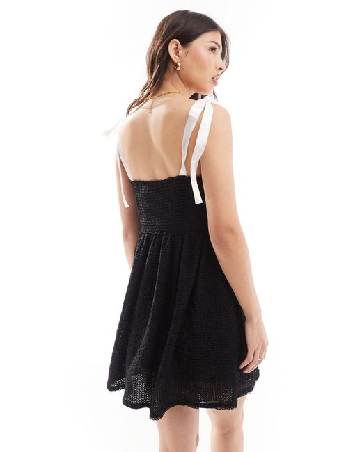 Miss Selfridge Black Textured Lace Babydoll Dress With Contrast Cream Tie Ribbon Straps