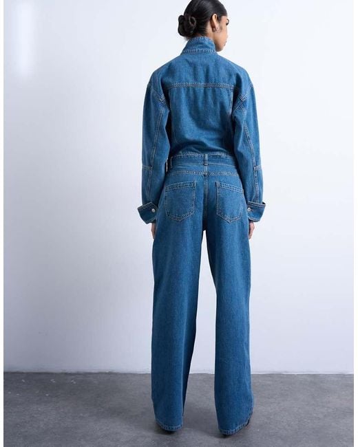 TOPSHOP Blue Denim Funnel Neck Belted Jumpsuit
