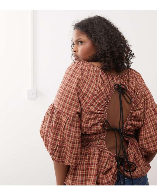 Collusion Brown Plus Bubble Sleeve Smock Top