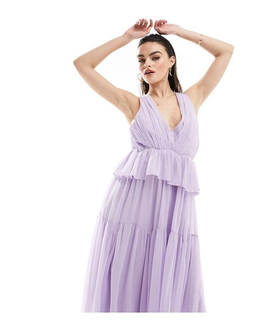 ASOS Purple Plunge Pleated Tiered Midi Dress