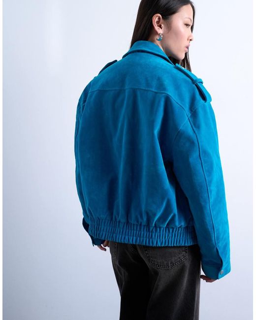 TOPSHOP Blue Faux Suede Quilted Lined Bomber Jacket With Popper Details