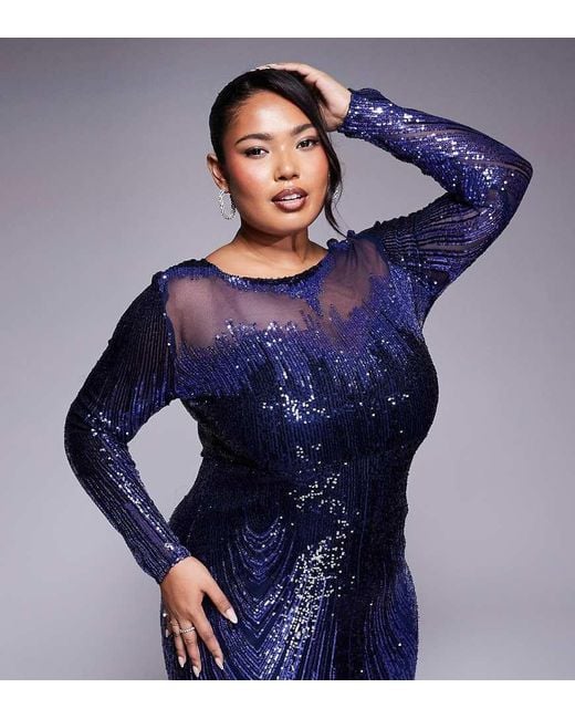 Goddiva Blue Curve Long Sleeve Aztec Sequin Maxi Dress