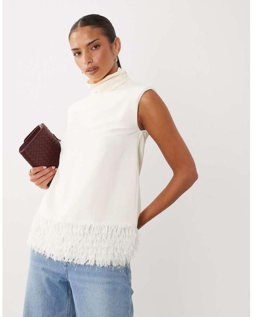 Gina Tricot White Sleeveless Funnel Neck Faux Feather Trim Top