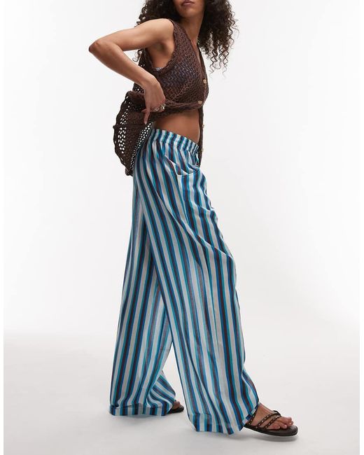 TOPSHOP Blue Beach Stripe Tie Waist Voile Pull On Pants