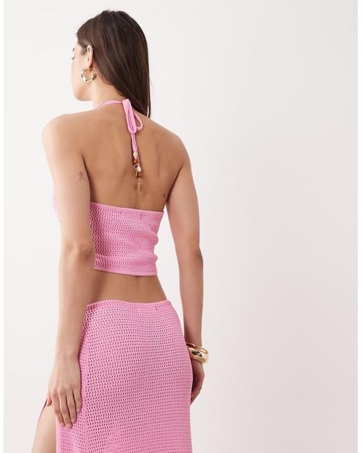 Kulani Kinis Pink Knit Halter Crop Top With Ring Detail