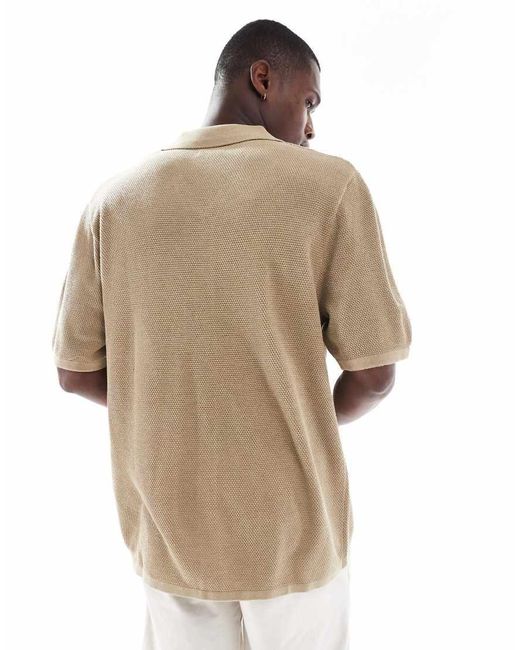 Jack & Jones Natural Oversized Button Through Knitted Polo for men